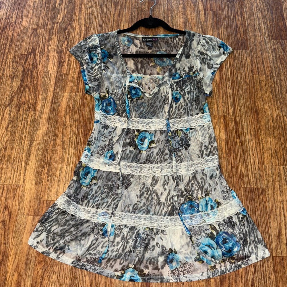 Self Esteem Tunic Top Y2K Sheer Floral Lace Babydoll Blue Gray Medium Fairycore